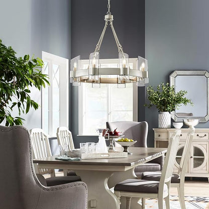 WUZUPS Wagon Wheel Chandelier 8-Light with Clear Glass Industrial Modern Farmhouse Round Light Fixture for Dining Room Kithen Island Foyer, Width 26" Height 22", Nickel