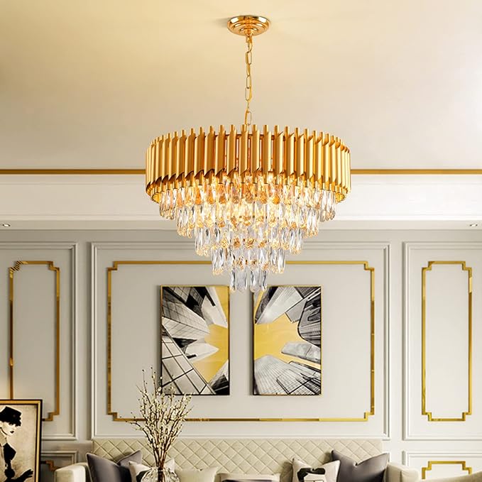 Modern Crystal Chandelier 12 Lights Gold Chandeliers for Dining Room Chandeliers Crystal Living Room Bedroom Foyer Hallway Luxury Chandelier Light Fixture with Light W24in