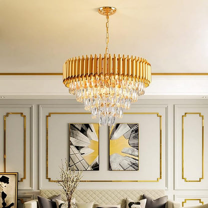 Modern Crystal Chandelier 12 Lights Gold Chandeliers for Dining Room Chandeliers Crystal Living Room Bedroom Foyer Hallway Luxury Chandelier Light Fixture with Light W24in