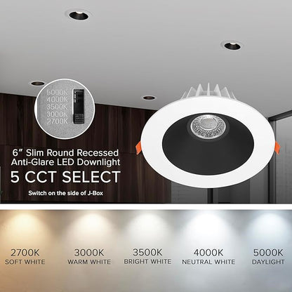 Maxxima 6” Ultra-Thin Recessed Anti-Glare LED Downlight, Canless IC Rated, 1200 Lumens, 5 CCT Select 2700K/3000K/3500K/4000K/5000K, Dimmable, White Trim Black Baffle, 90 CRI, Slim J-Box Included