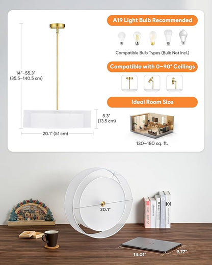 VONLUCE Drum Chandelier, 20" 3-Light Modern Chandelier with 2-Tier Fabric Lampshade, Modern Ceiling Light Fixture for Dining Room Bedroom Living Room with E26 Sockets, Gold Finish, ETL Certified