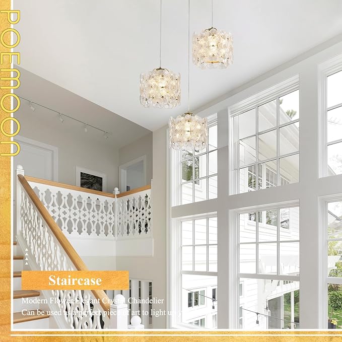 Gold Flower Glass Chandelier 3-Lights Cluster Pendant Lighting Modern Ceiling Pendant Light Fixture for Dinning Room Bedroom Kitchen Island Hallway Entryway