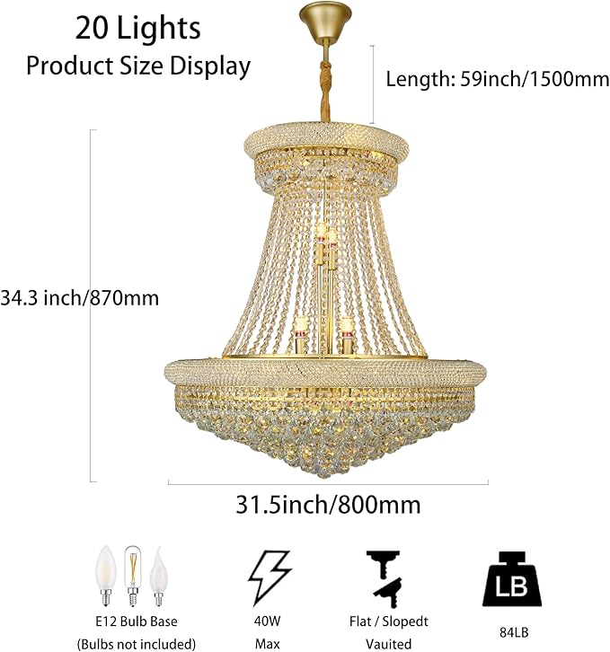 Luxury Gold Crystal Chandelier 20-Light, Empire Crystal Chandelier Light Fixture Ceiling Haning Chandelier Crystal Pendant Light for Living Room Dinning Room Stair (32in-20 Lights, Gold)