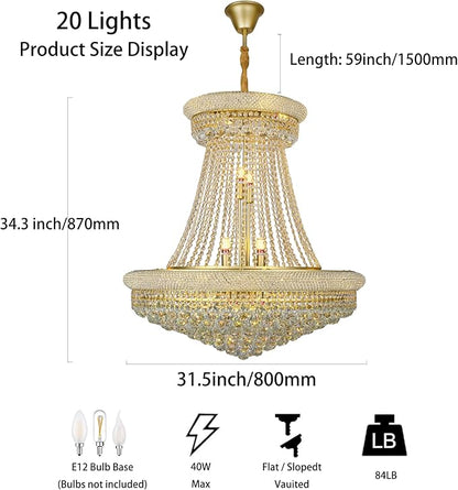 Luxury Gold Crystal Chandelier 20-Light, Empire Crystal Chandelier Light Fixture Ceiling Haning Chandelier Crystal Pendant Light for Living Room Dinning Room Stair (32in-20 Lights, Gold)