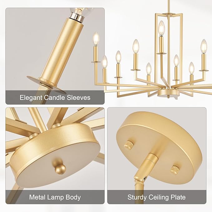 Modern Gold Chandelier, Farmhouse Candle Dining Room Chandeliers, Metal Hanging Pendant Light Fixture for Kitchen, Foyer, Bedroom, Living Room, Staircase, Entryway, 12-Light