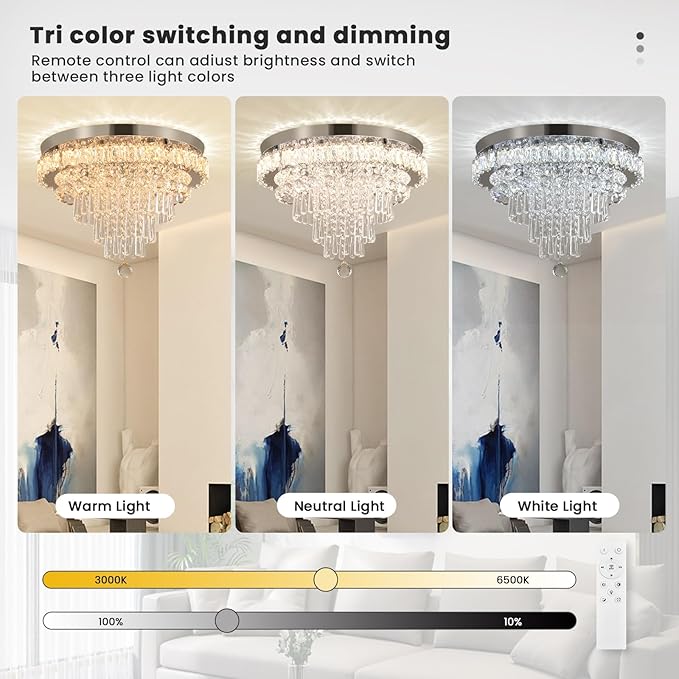 FRIXCHUR Crystal Chandeliers LED Crystal Ceiling Light Fixture with Remote Large Flush Mount Chandelier Ceiling Light for Living Room Bedroom Kitchen (Dimmable)
