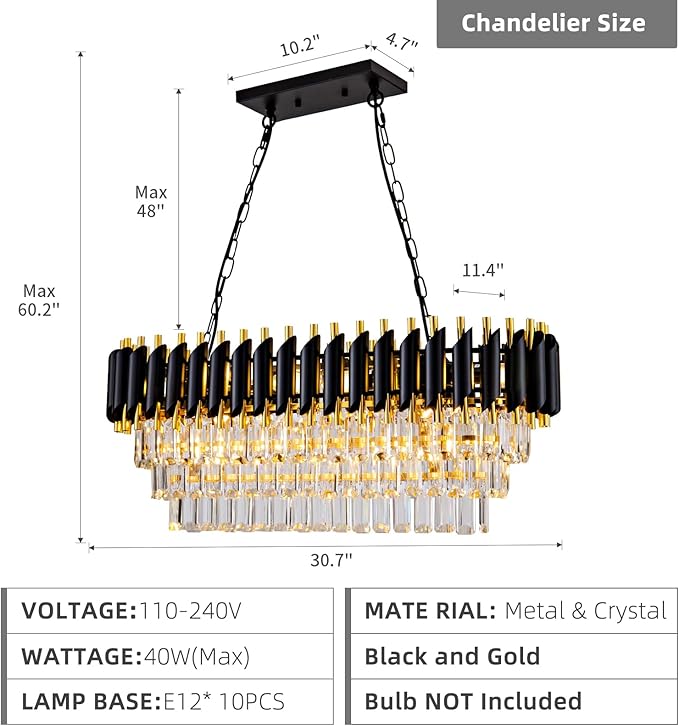 Modern Crystal Chandeliers for Dining Room Black and Gold Luxury Chandelier Living Room 10-Light Pendant Light Fixture Oval Contemporary Ceiling Hanging Light for Kitchen Dining Room