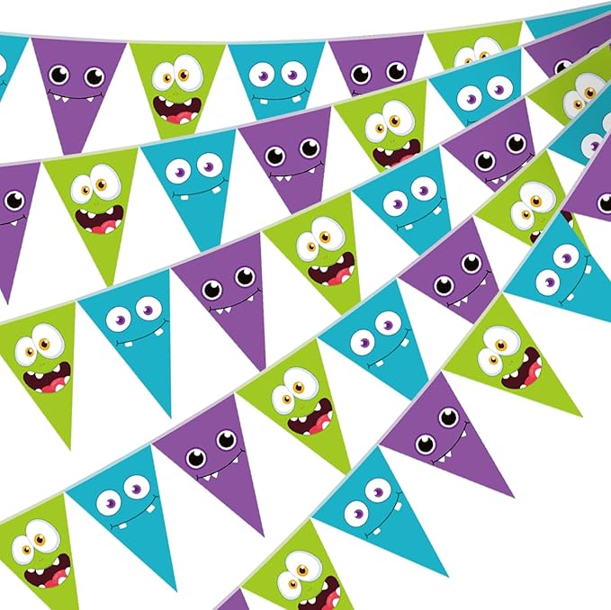 HESTYA 5 Pcs 49 ft Cartoon Monster Pennant Banner Monster Birthday Party Decoration Green Purple Blue Paper Triangle Flag Cute Bunting Garland for Cartoon Themed Party Backdrop Hanging Supplies