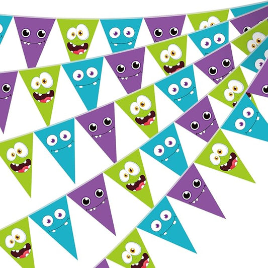 HESTYA 5 Pcs 49 ft Cartoon Monster Pennant Banner Monster Birthday Party Decoration Green Purple Blue Paper Triangle Flag Cute Bunting Garland for Cartoon Themed Party Backdrop Hanging Supplies