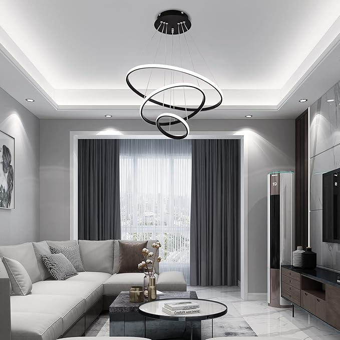 Modern LED Pendant Light, Adjustable Height Circular Entrance Black 3 Ring Circular Chandelier Fixture, Suitable for Restaurants, Kitchens, Islands, Living Rooms, Cafes, Etc. (4000K)