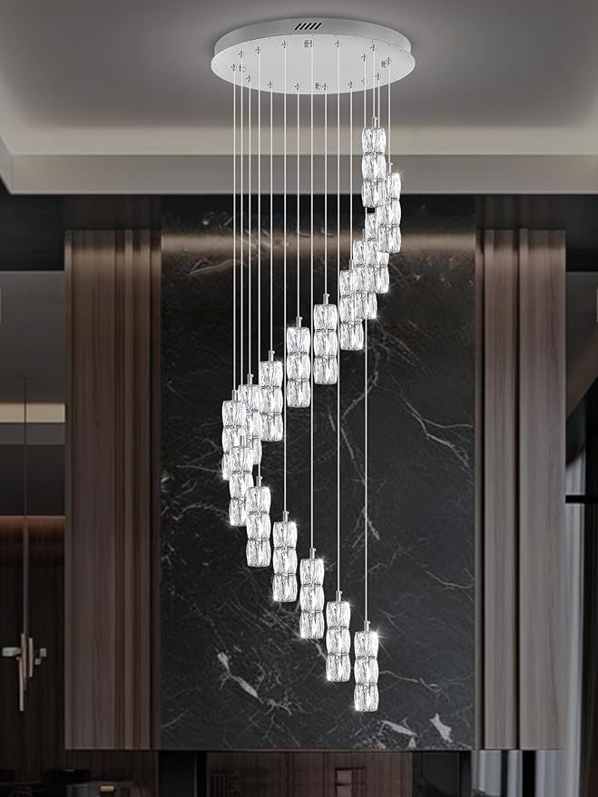 ykolupty H110 Chandelier for High Ceiling 16-Lights Crystal Pendant Light with Remote Large Chandelier for Living Room Staircase Villa