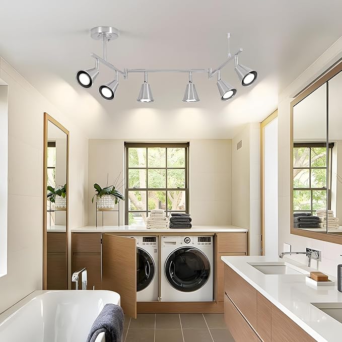 6-Light Modern Track Lighting Fixtures Ceiling, Flexible Foldable Arm and Rotatable Light Head,Nickel Kitchen Track Lighting for Kitchen Islands, Dining Rooms, Bars, Closets, Workbenches.