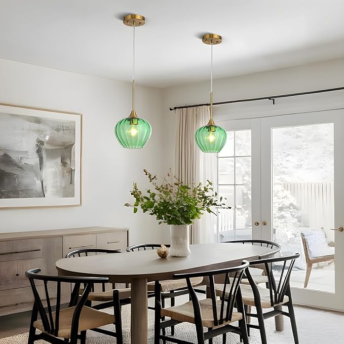 2Pack Green Glass Pendant Light, 7" Modern Glass Pendant Lighting Vintage Green Ceiling Fixtures Mini Hanging Lamp for Kitchen Island Dining Room Restaurant Bar Bedroom