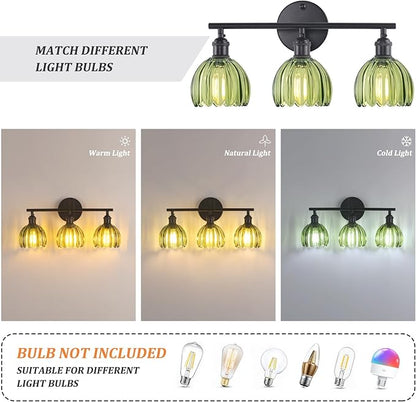Shenmoyl Bathroom Light Fixtures, 3-Light Black Vanity wall Light Over Mirror with Green Tulip Glass Shade for Bedroom Living Room (Bulb Not Included)
