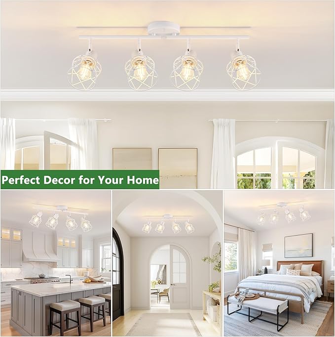 Baocuz 4-Lights Kitchen Light Fixtures Ceiling Mount, Adjustable Multi-Directional White Flush Mount Ceiling Light Fixture with Metal Cage, Modern Spot Ceiling Lamp for Hallway, Dining Room, Bedroom