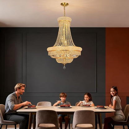 Crystal Chandeliers for Dining Room Light Fixture，Empire Style K9 Crystal Chandeliers for Entryway，18 Lights Gold Luxury Lighting Fixtures for Living Room Bedroom Foyer Hallway D26 Inch