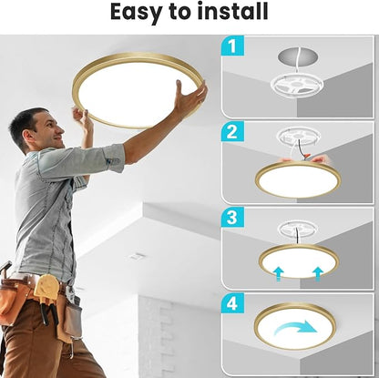 libtit 12 Inch LED Ceiling Light Golden, 28W 3200lm Aureate Flush Mount Ceiling Light, 3 Color Temperature 3000K/4500K/6000K, Gilded Round Flat Light Fixture for Kitchen Bathroom Shower