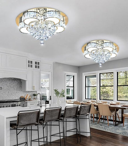 23.6" Gold Modern Crystal Chandeliers for Dining Room LED Dimmable Light Fixtures Flush Mount Light Living Room Bedrooms