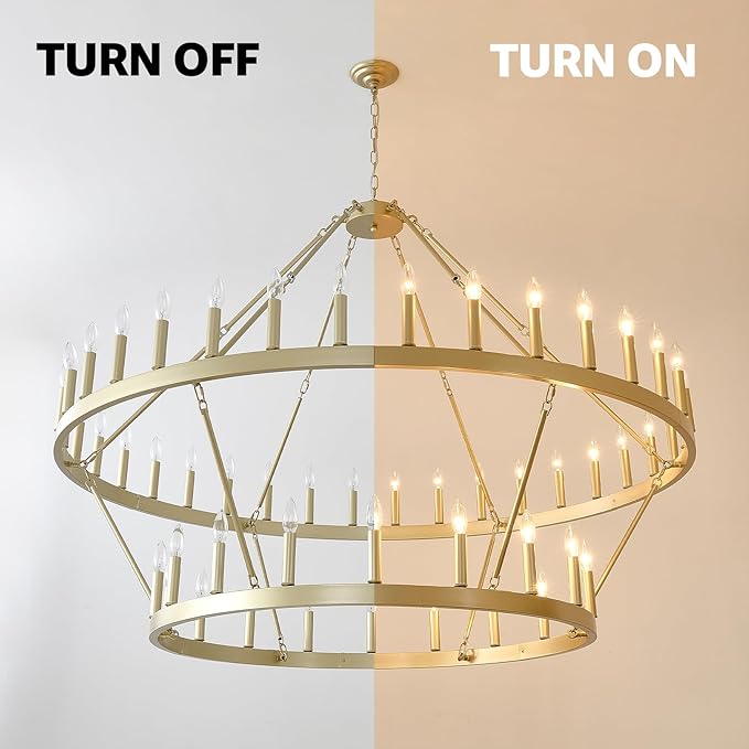 HHR 60" Gold Wagon Wheel Chandelier 2-Tier, Extra Large Farmhouse Chandelier for High Ceilings 54-Light, Round Gold Chandeliers Light Fixture for Foyer, Entryway, Dining Room, E12
