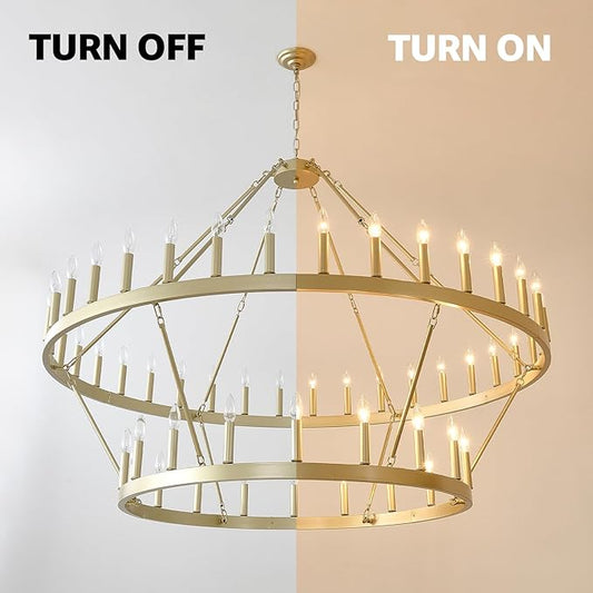 HHR 60" Gold Wagon Wheel Chandelier 2-Tier, Extra Large Farmhouse Chandelier for High Ceilings 54-Light, Round Gold Chandeliers Light Fixture for Foyer, Entryway, Dining Room, E12