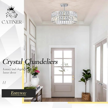 CATINER Modern Crystal Chandelier 18”Chrome Semi Flush Mount Ceiling Light Fixtures 6-Lights Drum Crystal Pendant Lighting for Dining Room Foyer Bedroom Living Room