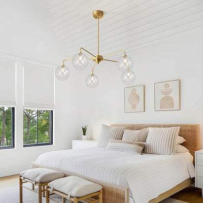 Mid Century Modern Sputnik Chandelier Brass 5 Light Gold Chandelier Clear Glass Globe Sputnik Chandelier for Dining Room Bedroom Kitchen