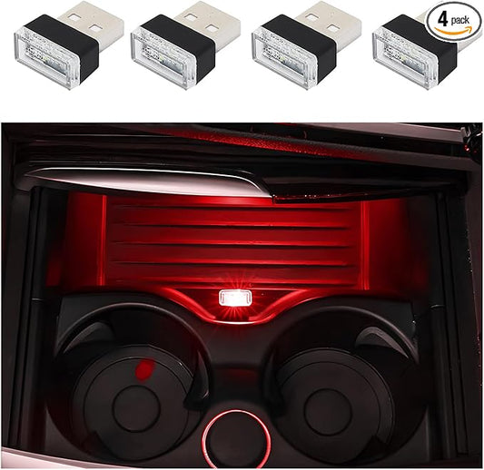 Dickno 4 PCS USB LED Car Interior Atmosphere Lamp, Portable Mini LED Night Light, Plug-in USB Interface Trunk Ambient Lighting Kit, Universal Vehicle Interior Accessories (Red)