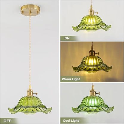 Vintage Pendant Lights Kitchen Island 3 Pack, Adjustable Pendant Light Fixtures with Green Lily Glass Lampshade, Gold Kitchen Pendant Lighting Over Island, Pendant Light for Dining Room Hallway