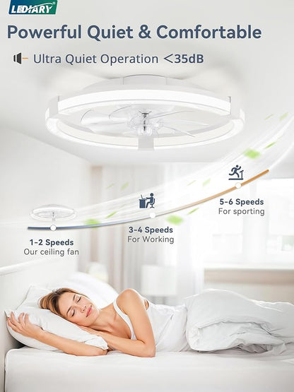 LEDIARY Ceiling Fans with Lights, 23 Inch Low Profile Ceiling Fan with Remote, 6 Speeds, Reversible, Dimmable Flush Mount Fan Light, Modern Fandelier Ceiling Fan with Lights for Bedroom, White
