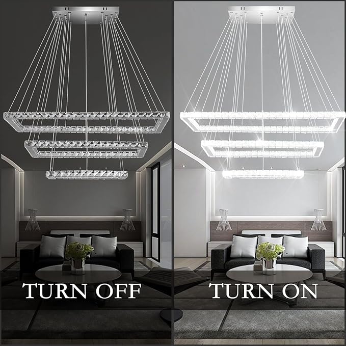 Finktonglan 31.4 inch Modern Crystal Chandelier, 3 Rectangular LED Rings Chandeliers Pendant Ceiling Light for Dining Room Kitchen Island Stair Well (6000K Cool White)