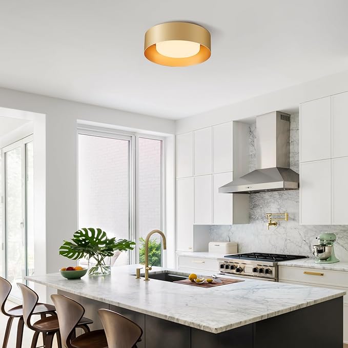 Yiisem Glass Gold Flush Mount Ceiling Lights, Modern Round Ceiling Lighting, Minimalist Drum Close to Ceiling Light Fixtures for Bedroom, Dining Room, Bathroom, Hallways, Laundry Room