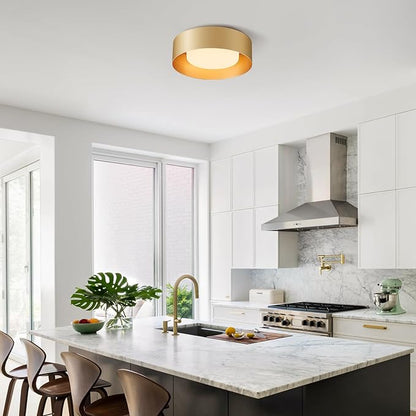Yiisem Glass Gold Flush Mount Ceiling Lights, Modern Round Ceiling Lighting, Minimalist Drum Close to Ceiling Light Fixtures for Bedroom, Dining Room, Bathroom, Hallways, Laundry Room