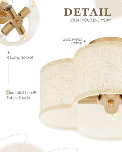 Gold Semi Flush Mount Ceiling Lights, 4-Light 14" Gold Light Fixtures Ceiling Mount with Fabric Shade in Quatrefoil Shape, Drum lighting fixture for Nursery Bedroom Kitchen, AD-22007-4SF-GD-B
