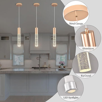 3-Pack Modern Crystal Pendant Light for Kitchen Island, Elegant Gold LED Bubble Hanging Chandelier Lighting Fixture for Dining Room Bedside