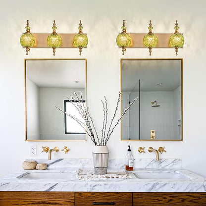 Vintage Green Bathroom Vanity Light Fixtures, Antique 3 Lights Bedhroom Wall Sconce Lighting Brass Finish with Crystal Glass Shade,Victorian Vanity Lighting