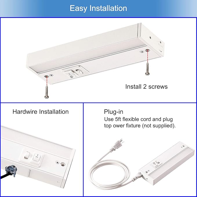 3 Color Level Dimmable LED Under Cabinet Task Lighting with ETL Listed, 3000K/3500K/4000K, Hardwired or Plugged-in, 16 inch 120V 10W 650 Lm, White Finished
