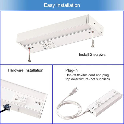 3 Color Level Dimmable LED Under Cabinet Task Lighting with ETL Listed, 3000K/3500K/4000K, Hardwired or Plugged-in, 16 inch 120V 10W 650 Lm, White Finished