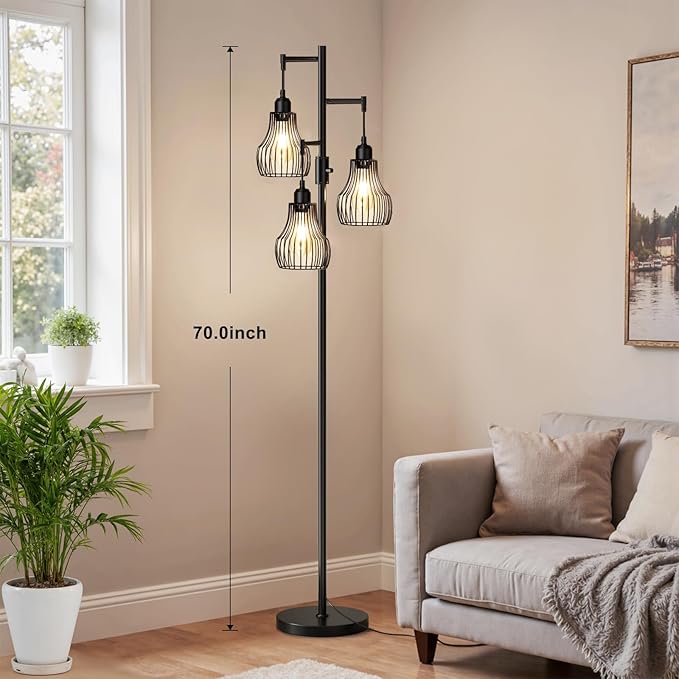 Ziisee Dimmable Floor Lamp, 3 x 800LM LED Edison Bulbs Included, Farmhouse Industrial Floor Lamp Standing Tree Lamp with Elegant Cage Tall Lamps for Living Room Bedroom Office - Black