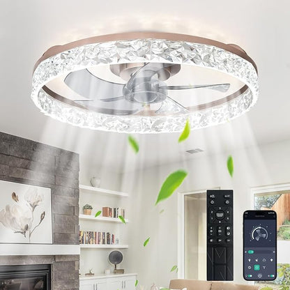 Depuley Bedroom Ceiling Fans with Lights: 20" Modern Low Profile Flush Mount Bladeless Ceiling Fan with App Remote Control - Brown Fandelier for Living Room Kitchen Dimmable Quiet DC Motor