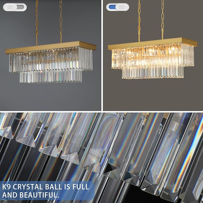 Weesalife Crystal Chandeliers for Dining Room Light Fixtures Over Table，9-Lights Gold Modern Rectangle Chandeliers for Kitchen Island Bar L28 Inch