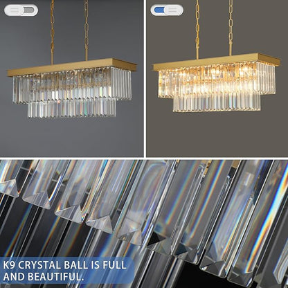 Weesalife Crystal Chandeliers for Dining Room Light Fixtures Over Table，9-Lights Gold Modern Rectangle Chandeliers for Kitchen Island Bar L28 Inch