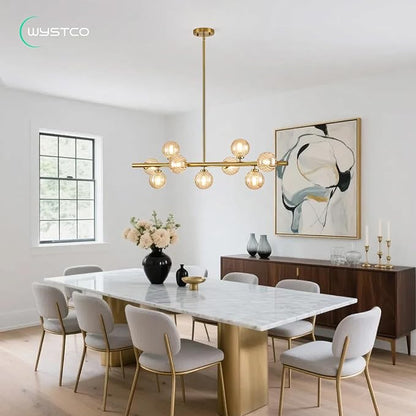Mid Century Modern Glass Globe Sputnik Chandelier, 9-Light Linear Chandeliers for Dining Room, Kitchen Island, Living, Dining Light Fixture Over Table, Brass Gold and Amber Bubble, 40 Inch