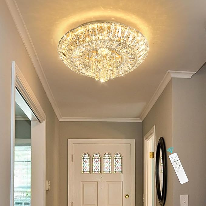 Crystal Chandelier Modern Round Ceiling Light Fixture LED Raindrop Chandeliers Dimmable with Remote for Dining Room Living Room Entryway Hallway Bedroom Gold