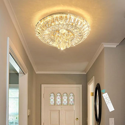 Crystal Chandelier Modern Round Ceiling Light Fixture LED Raindrop Chandeliers Dimmable with Remote for Dining Room Living Room Entryway Hallway Bedroom Gold