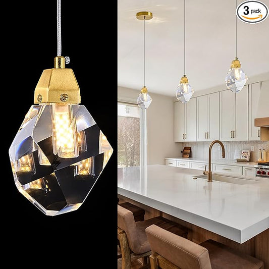 Diamond Crystal Pendant Light 3 Pack, Mini 5.5" 1-Light Hanging Ceiling Light in Gold Brushed Brass Finish with Prism Crystals and Color Changing LED for Kitchen Island, Dining Room, Bedroom, Hallway