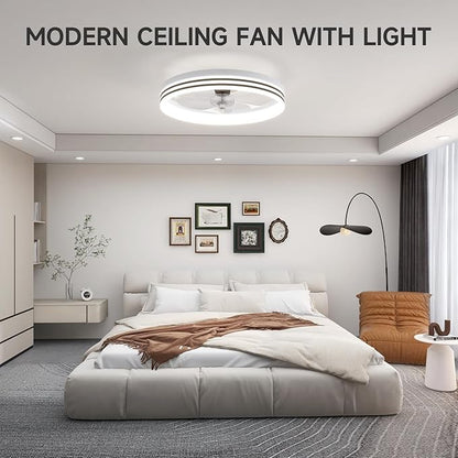 VOLISUN Low Profile Ceiling Fans with Lights and Remote, 19.7in Flush Mount Ceiling Fan with Light, 3000K-6500K Dimmable Fandelier LED Fan Light, White Bladeless Ceiling Fans with Lights for Bedroom