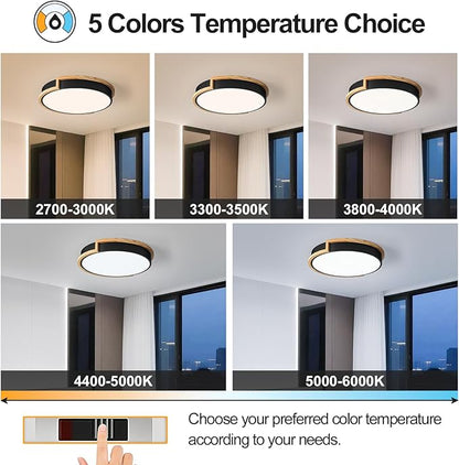 Modern Dimmable LED Flush Mount Ceiling Light Fixture,Round Close to Ceiling Lighting,Matte Black with Wood Accent,Minimalist Kitchen Light Fixtures for Bedroom,Entryway,Living Room,15.75in