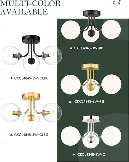 3-Globe Black Flush Mount Ceiling Light in a Modern Farmhouse Design is Ideal for Living Rooms, Matte