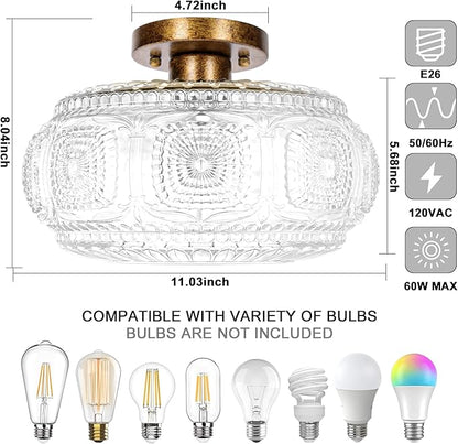 Semi Flush Mount Ceiling Light, Upgraded Larger Antique Bronze Glass Ceiling Light Fixture, Vintage Lighting for Hallway Kitchen Bedroom Dining Room, Bulb Not Included