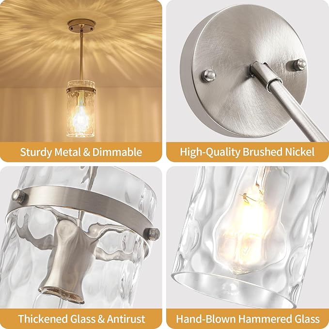 3 Pack Brushed Nickel Pendant Lights Kitchen Island, Modern Hammered Glass Pendant Lighting Over Island Hanging Bathroom Light Fixtures Adjustable Mini Pendant Light for Hallway Entryway Dining Room